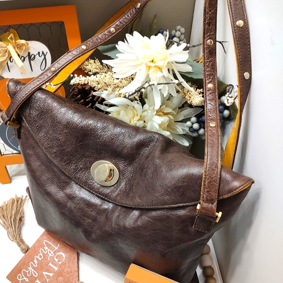 Anya Ponorovskaya Genuine Distressed Leather Shoulder Satchel Hobo Bag, Chocolat - Picture 6 of 9